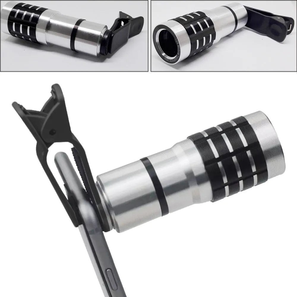 12x telescopic zoom lens with universal collar clip for smartphones on a mobile phone.