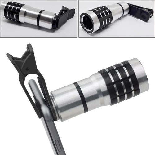 12x telescopic zoom lens with universal collar clip for smartphones on a mobile phone.