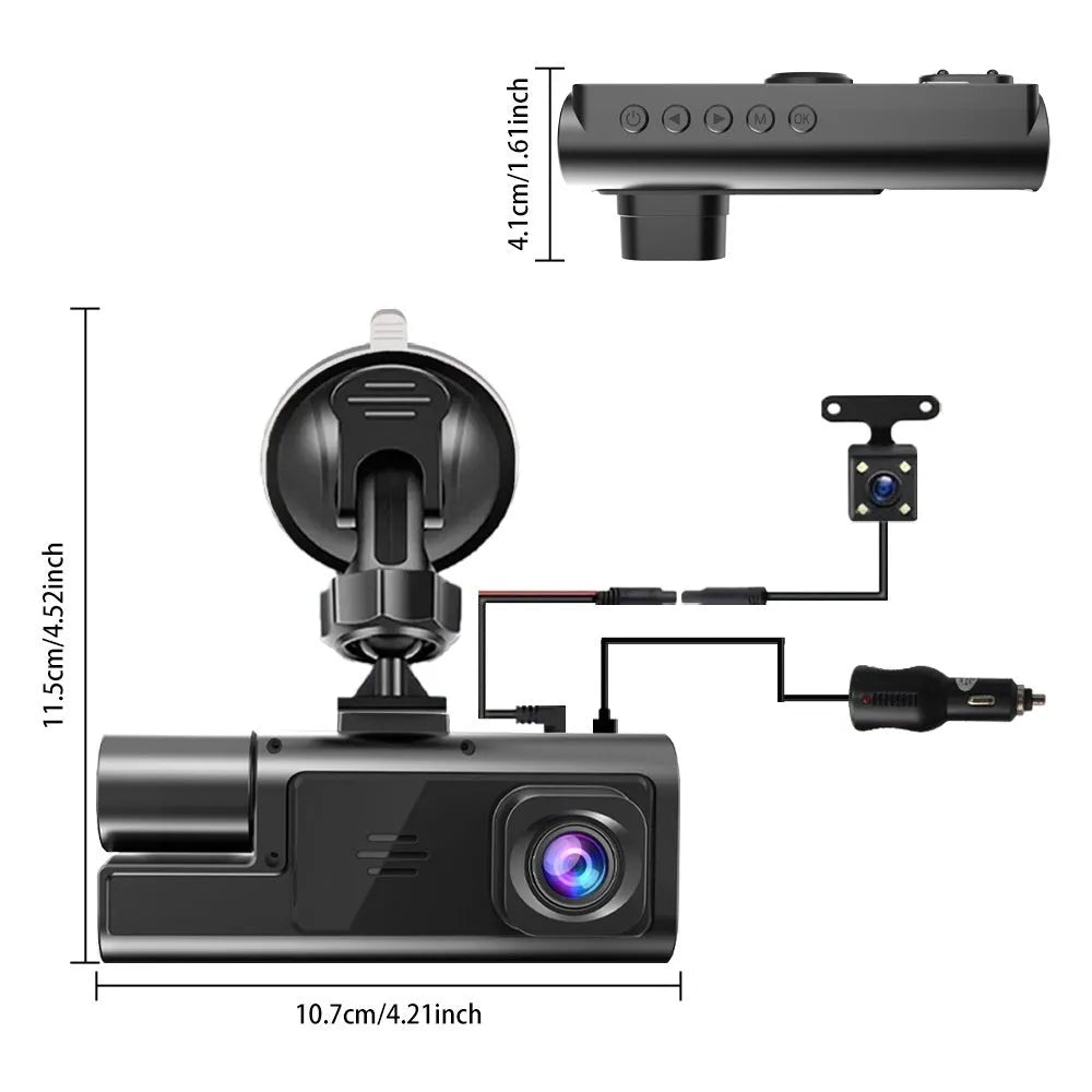 Black Wi-Fi dash cam with 2-inch screen, front lens, and separate rear camera for car reversing.