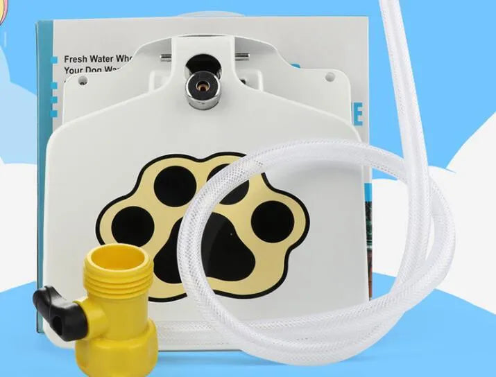Outdoor dog water fountain in heavy-gauge steel with paw-pad and hose