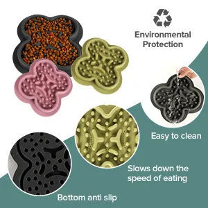 Silicone slow feed licking pad for cats and dogs on a floor, showing textured surface and raised edge.