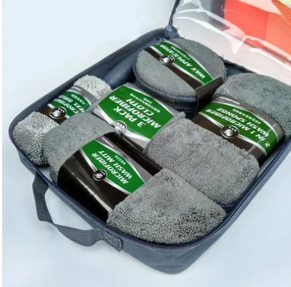 9-piece car wash kit with tire brush, wool glove, sponge block, two 280G/M2 towels, waffle cloth and three waxing cakes