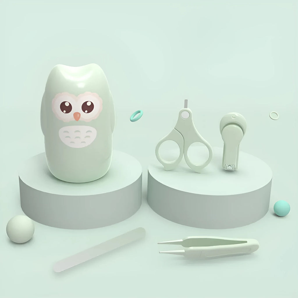 Baby nail clippers set with silicone case, plastic file, and stainless steel clippers in a choice of animal designs.