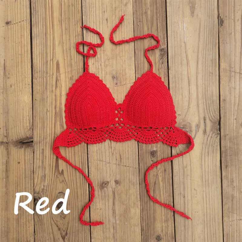Womens boho crochet bra backless retro polka dot cotton blend chest pad no steel support