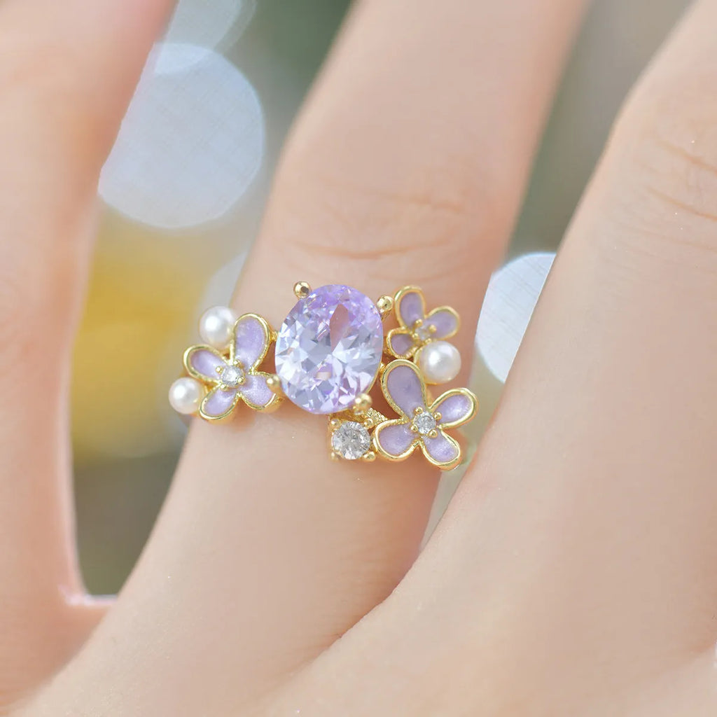 Flower pearl zircon open ring in yellow or light purple with floral design and adjustable opening
