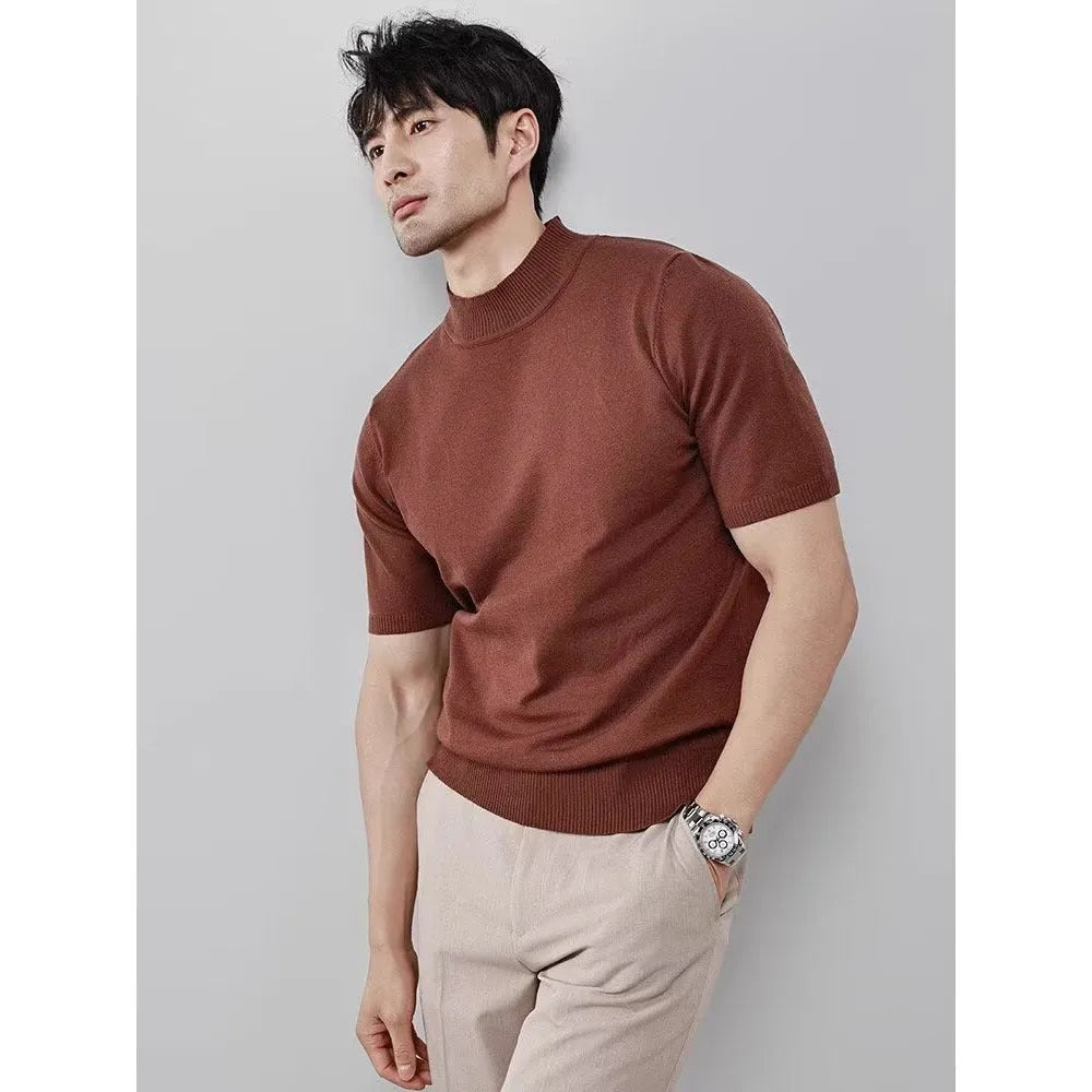 Men's ice silk half turtleneck knitwear pullover, slim fit thin polyester in solid colours, sizes M to XXXL