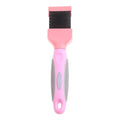 Double-sided stainless steel pet brush for dogs and cats in blue or pink with ergonomic handle