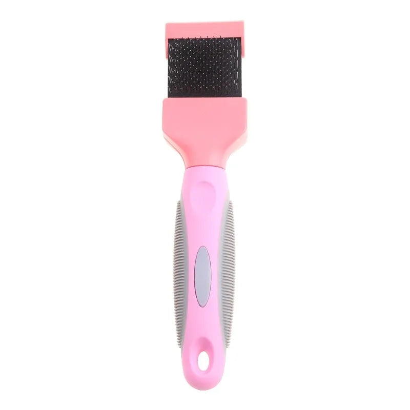 Double-sided stainless steel pet brush for dogs and cats in blue or pink with ergonomic handle