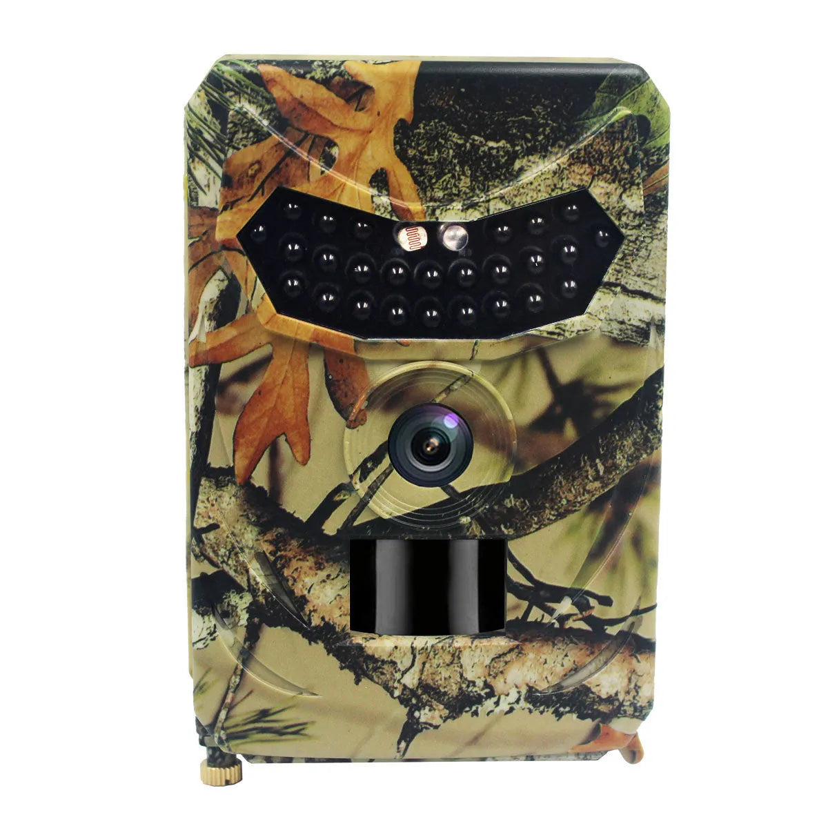 Yellow brown plastic 16MP hunting game camera with infrared LEDs for night vision.