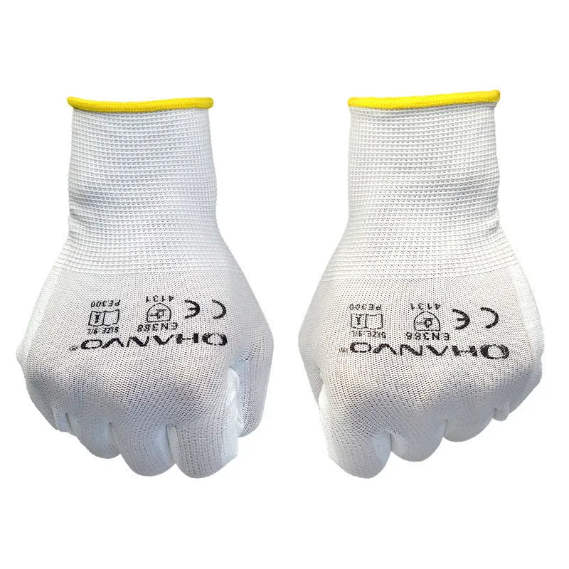 White PU coated work gloves showing palm coating and knit back construction