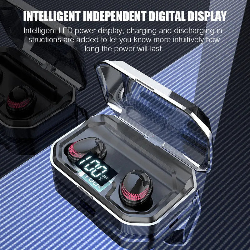 Black X10 true wireless Bluetooth earbuds and charging case on a surface.
