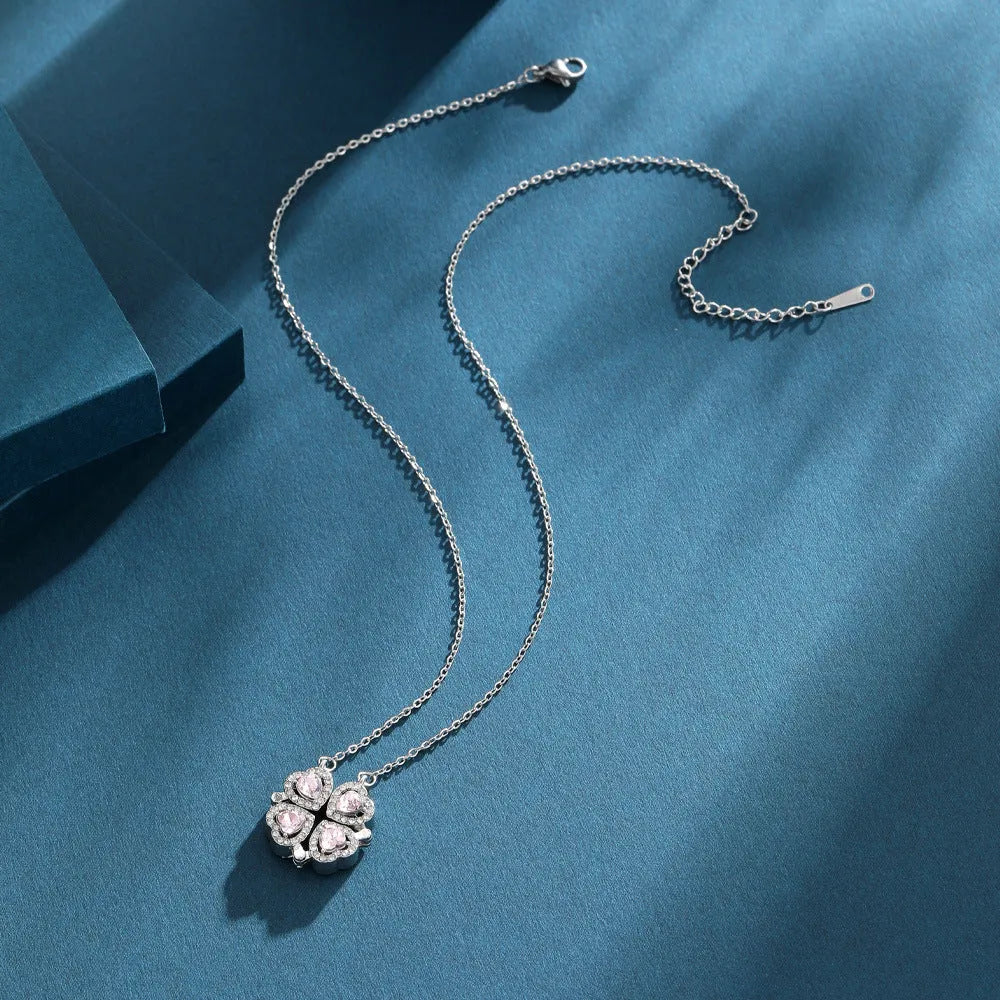 Four-leaf clover pendant necklace with micro inlay artificial gemstone, metal chain, K Gold Pink colour option