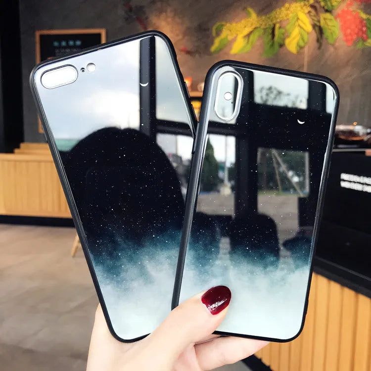Star Sky phone case cover with glossy tempered glass back in Starry sky pattern, silicone bumper for 360 protection