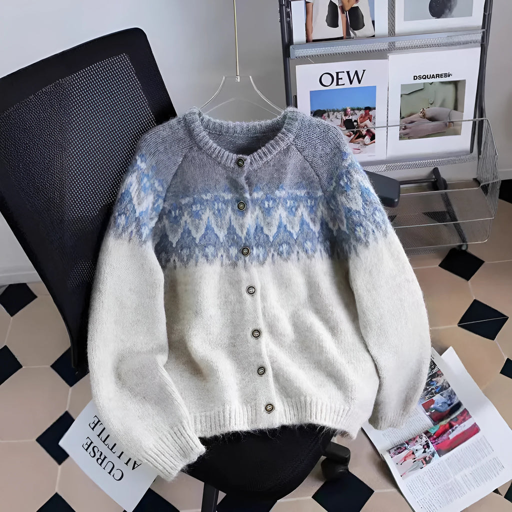 Women's loose fit jacquard knit sweater coat in contrast colours