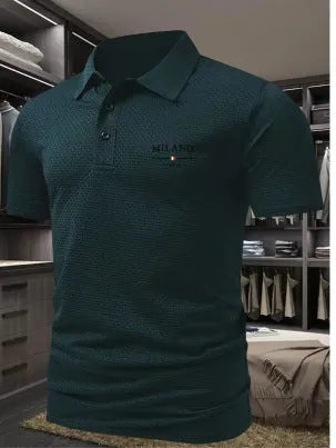 Men's loose fit printed lapel polo shirt in pinhole cloth fabric, shown in one of eleven available colours.
