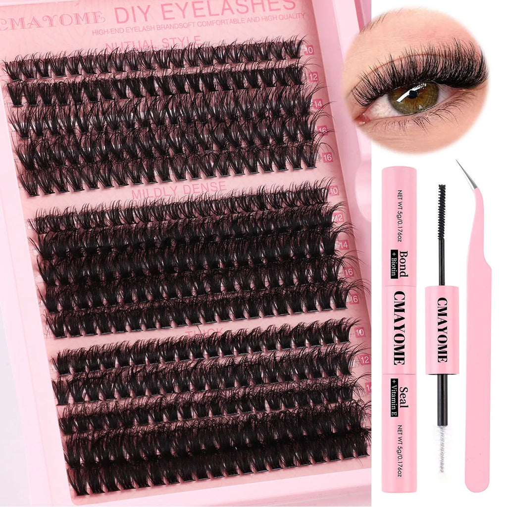 DIY false eyelash extension cluster set with application tweezers for home beauty