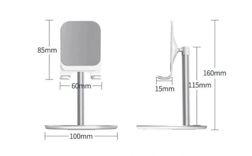 Aluminium alloy mobile phone stand with silicone head and ABS base in black or white colour.