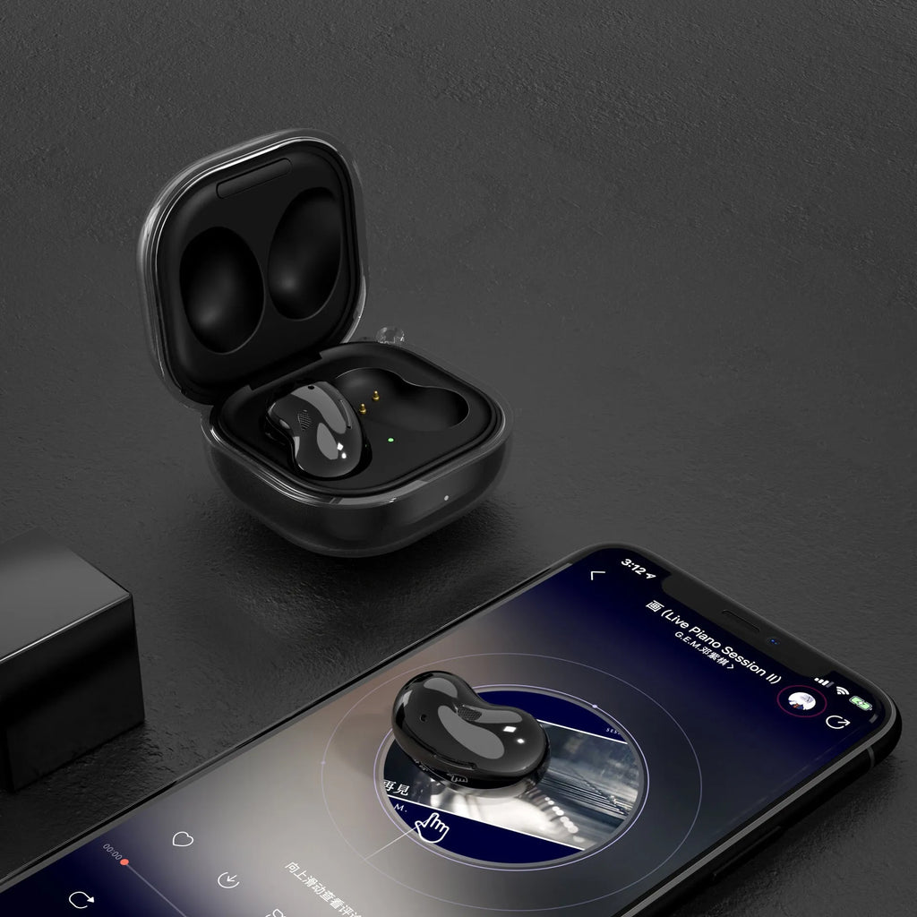 Bluetooth transparent ear case in clamshell design showing translucent colour options