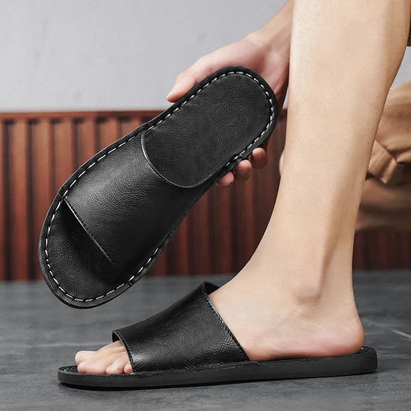 Men's brown leather sandals with rubber sole showing size range from 38 to 48