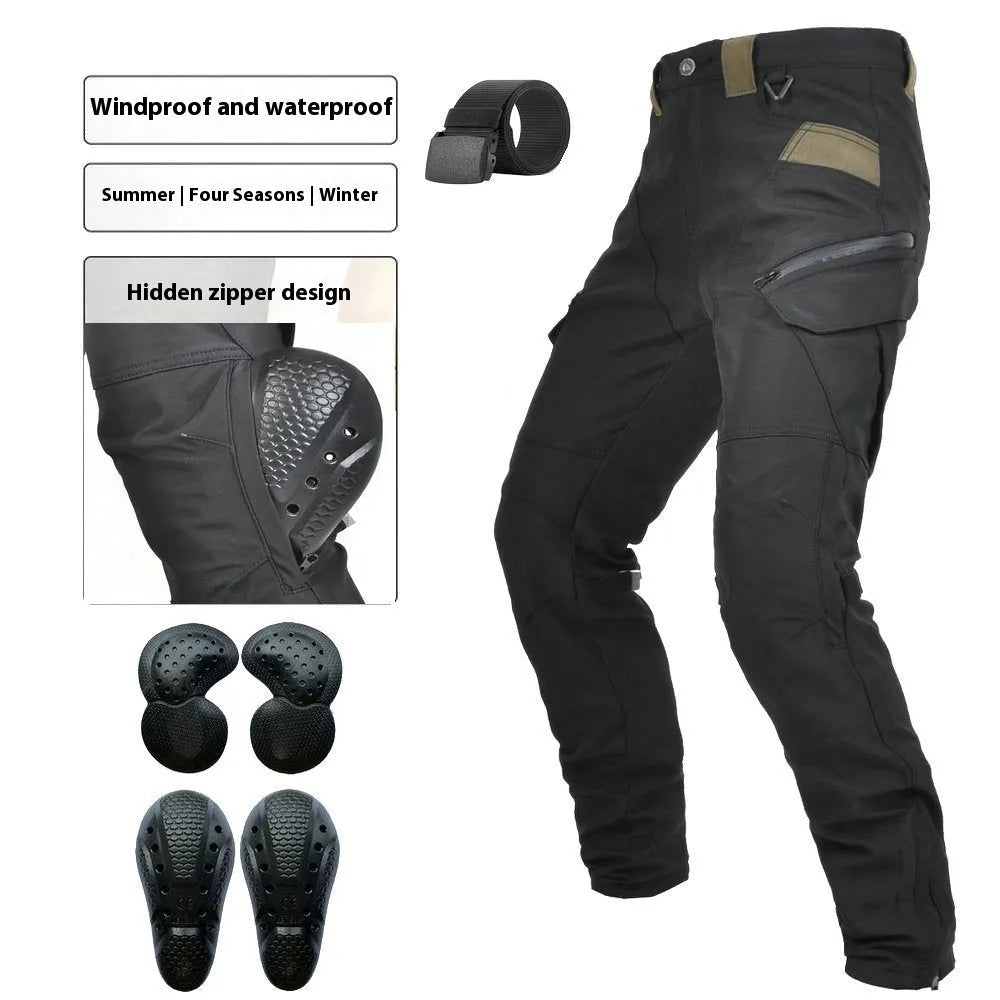 Motorcycle waterproof cycling pants with protective gear and belt in solid colour
