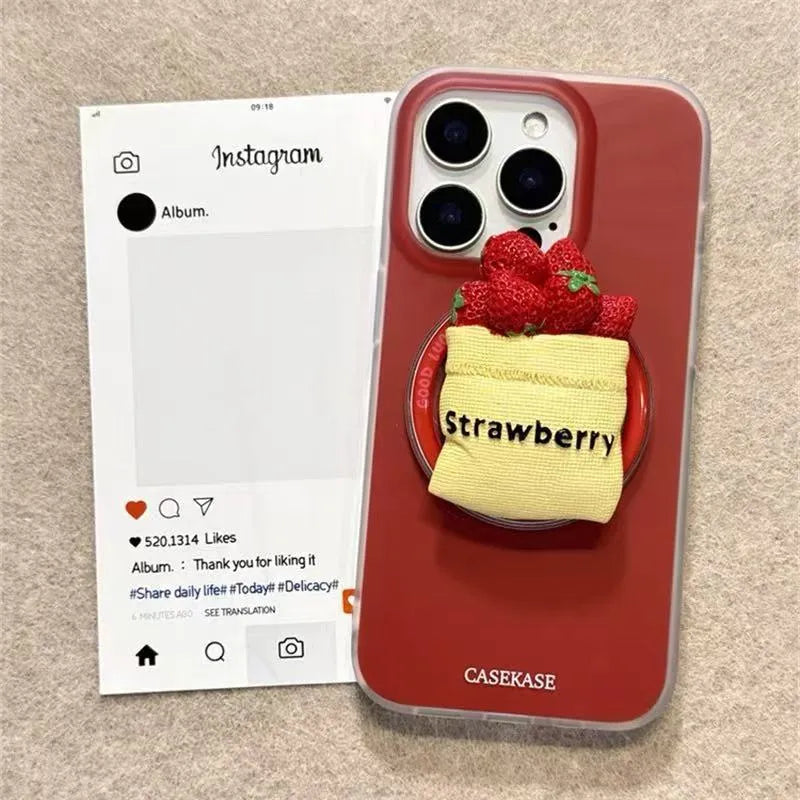 Silicone anti-fall phone case with magnetic strawberry bracket, frosted cloth texture, matte red finish, compatible with iPhone 14 Pro Max