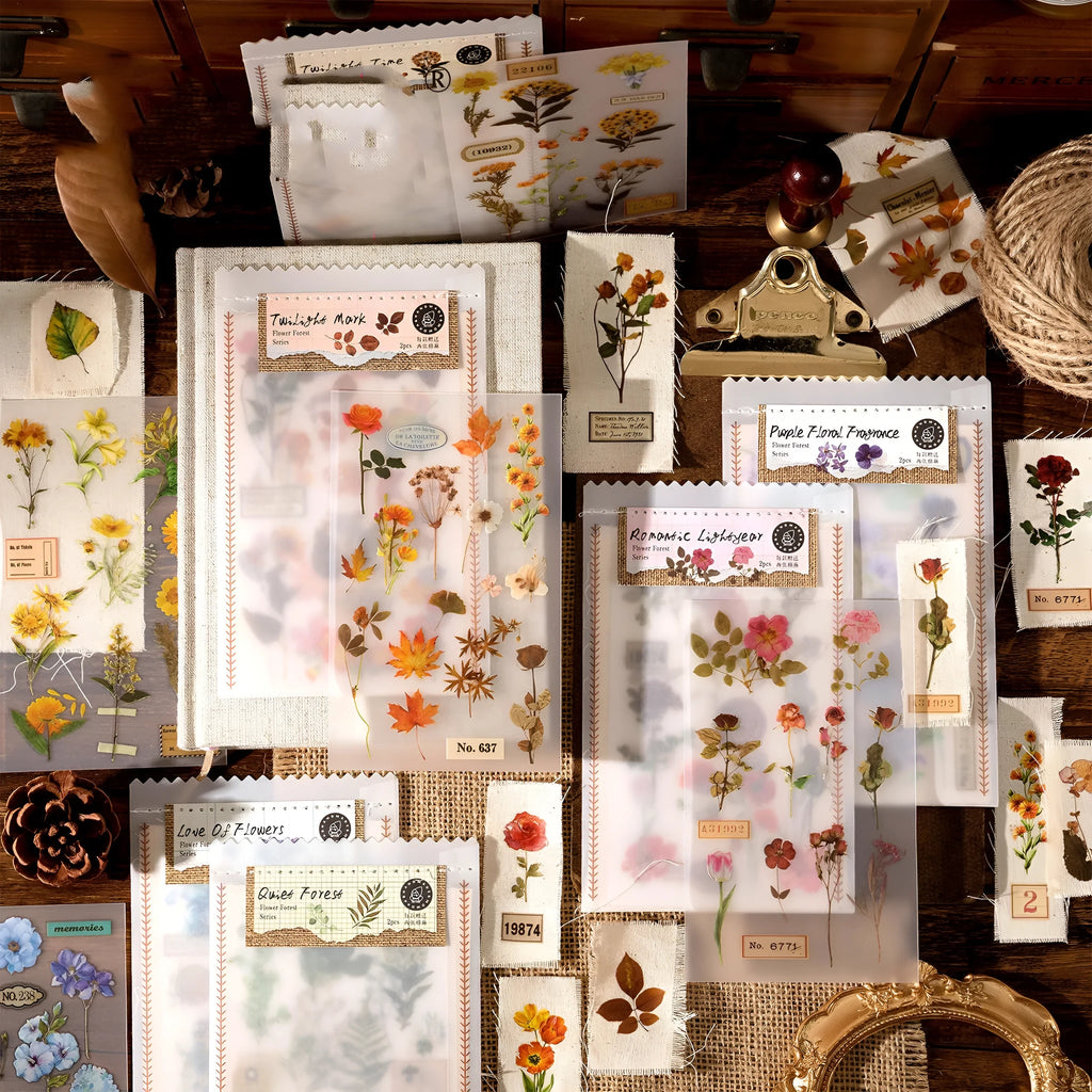 Huazhisen series sticker material pack showing forest-themed designs on cotton linen sheets with transfer paper backing