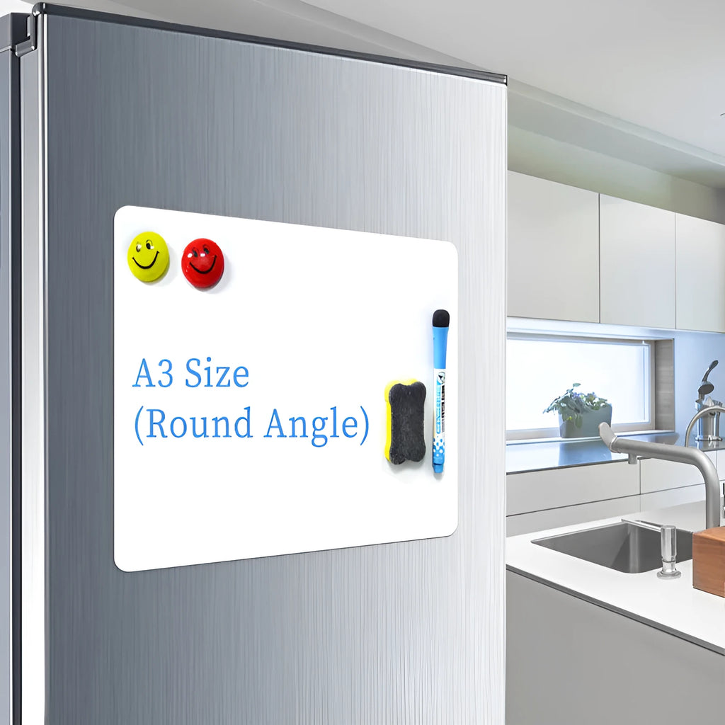 A3 magnetic soft whiteboard as rounded fridge magnet on a refrigerator door showing written notes