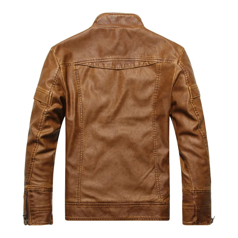 Men's faux leather biker jacket in black, brown, and coffee colours, available in sizes L to 5XL