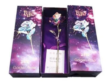 24K luminous gold rose flower set in gift box with tote bag, handmade plastic bouquet non-fade artificial roses