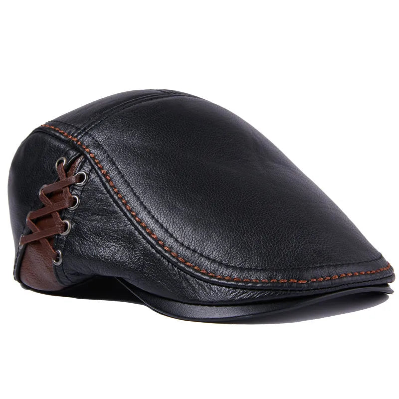 Men's cowhide leather peaked cap with short brim dome style in black brown sizes L XL XXL