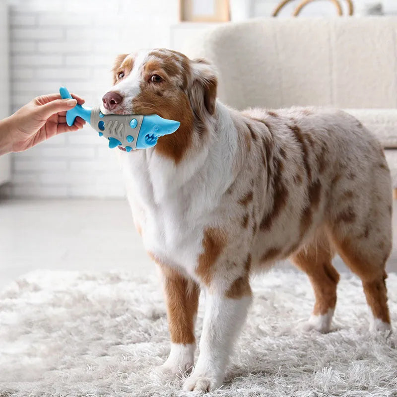 New dog teething leaky toy in blue with shark-tooth texture for cleaning and bite-resistant design
