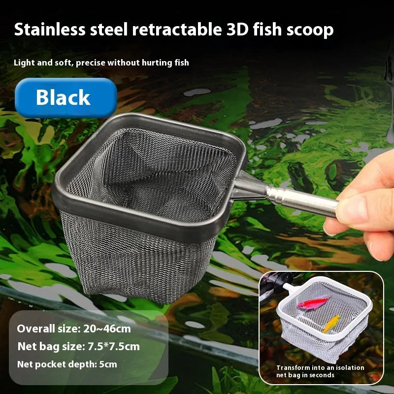 Stainless steel retractable fishnet with stereo net head for aquarium use, black colour option