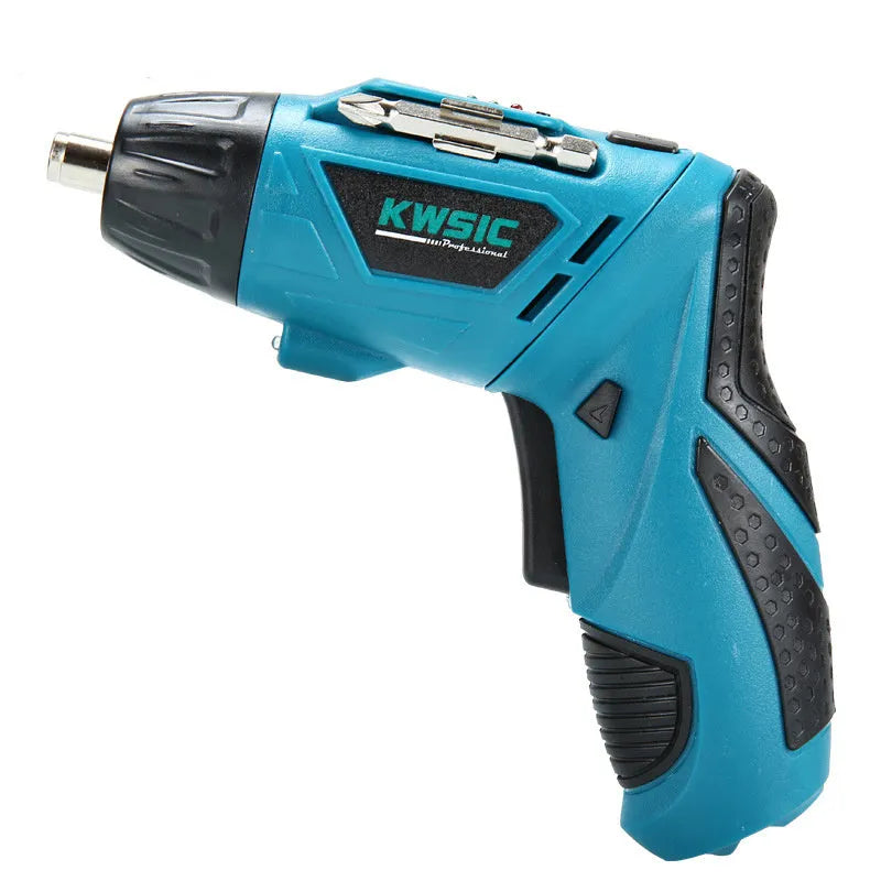 4.8V electric screwdriver set in blue with rotating handle and battery indicator light