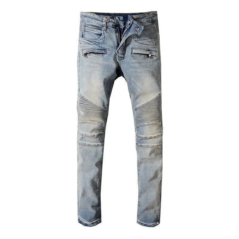 Grey biker jeans with straight tube leg, mid-rise waist, zipper fly, and distressed denim finish