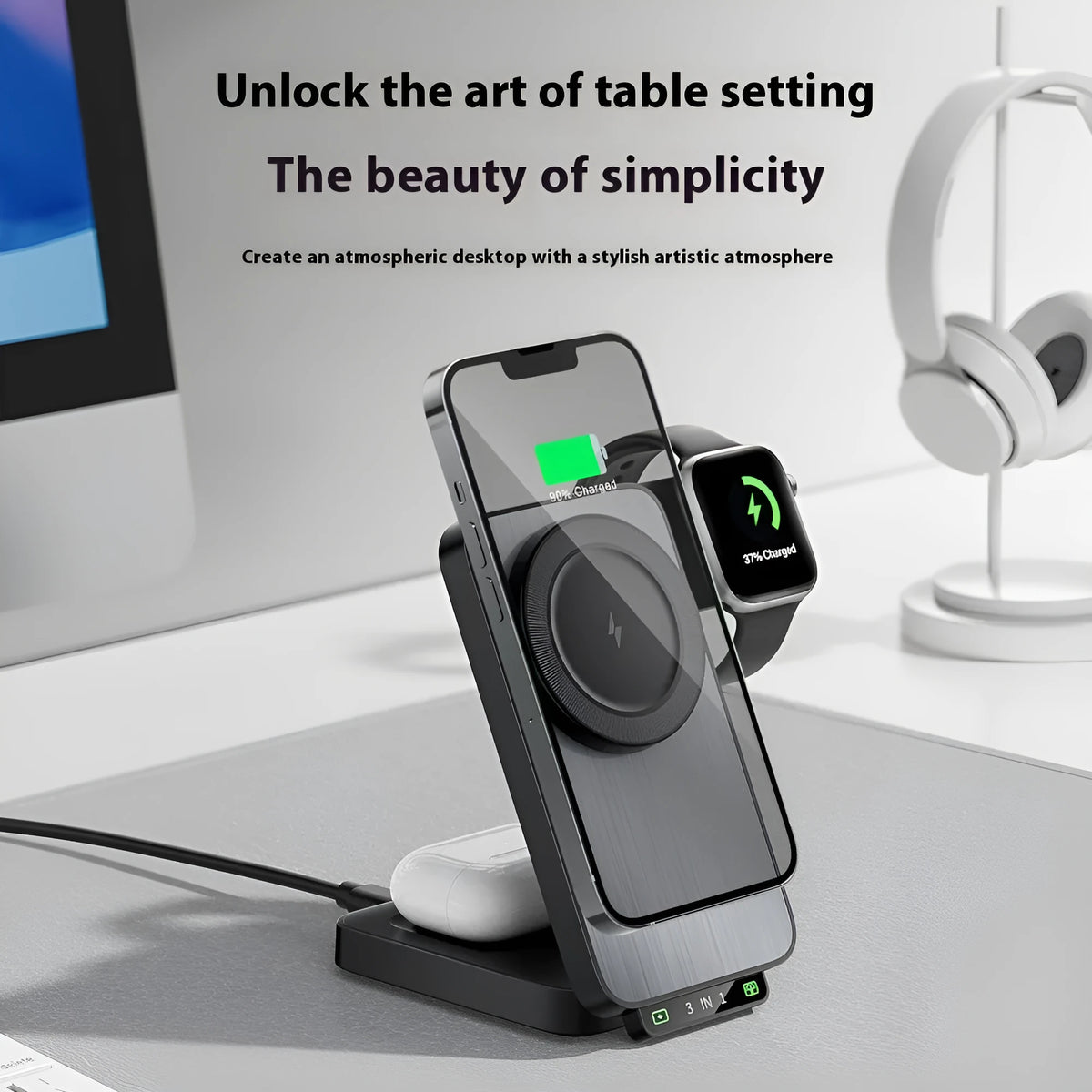Portable wireless charger folding magnetic black ABS composite material 121x69x28mm on flat surface