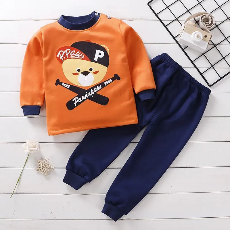 Children's fleece-lined thermal underwear set in coral fleece with cartoon print, suitable for winter autumn spring, sizes 73-130cm