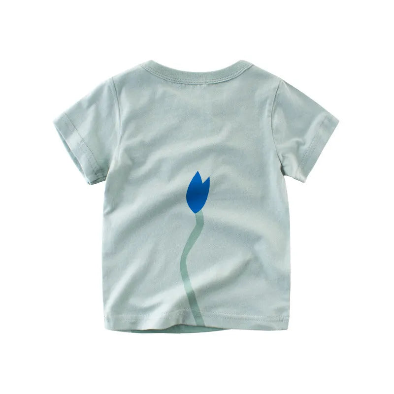 Children's cotton T-shirt with cool animal graphic print, short sleeves, available in Green lion, Grey giraffe, and Khaki Elephant designs.