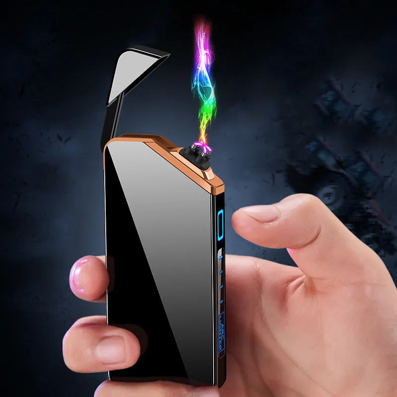 Creative fashion USB charging double arc lighter in zinc alloy, black colour, compact size 73x35x11mm