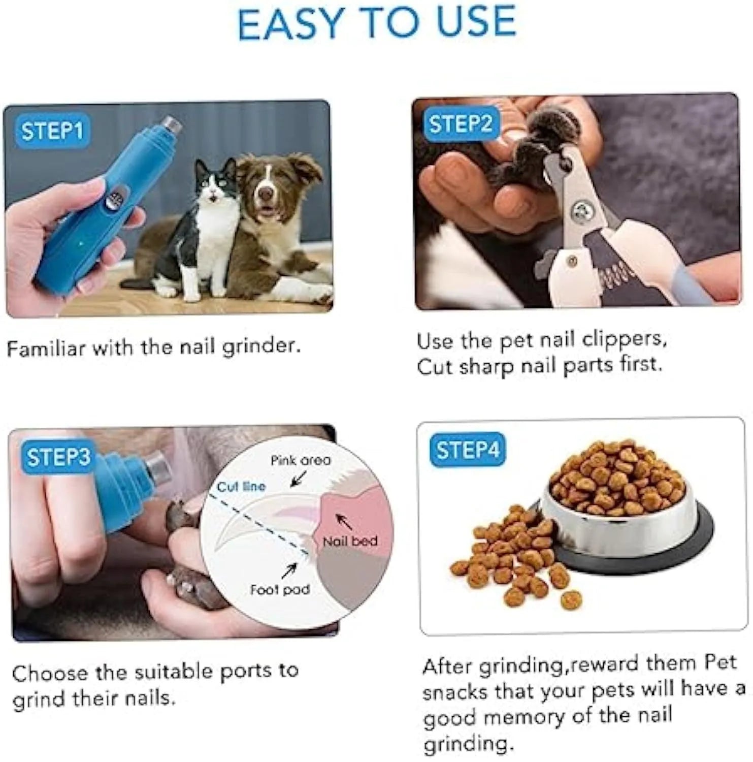 Blue electric pet nail grinder with diamond grinding head for safe dog claw trimming