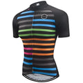 Short sleeve striped cycling jersey in lightweight quick dry fabric with three back pockets and smooth zipper.