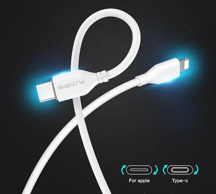 White nylon-braided USB-C to Lightning cable with aluminium connectors, 1 metre long.