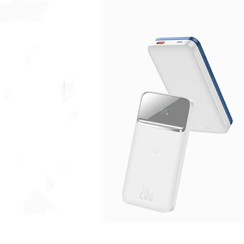 White MagSafe magnetic wireless power bank with LCD display showing battery percentage.