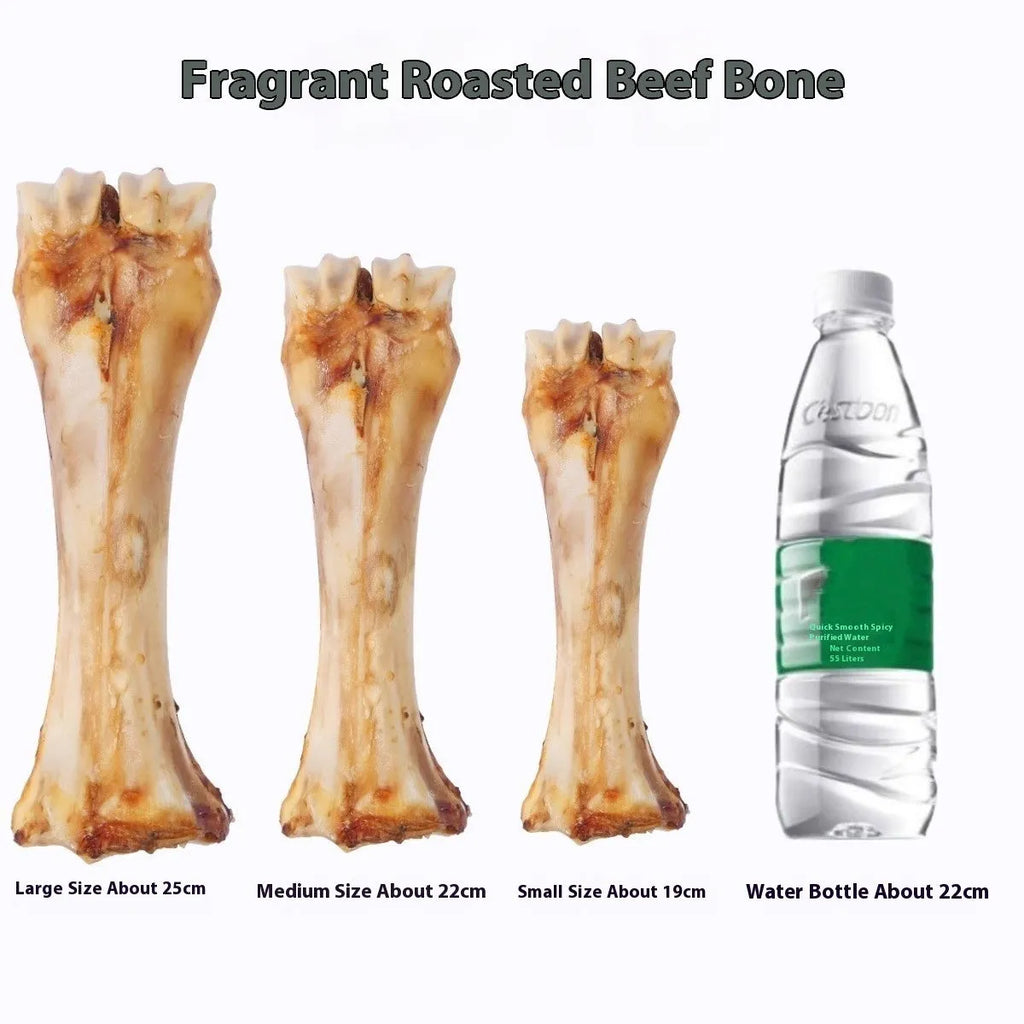 High-calcium dog molar chew toy in roasted ox bone flavour, shown in large, medium, and small sizes.