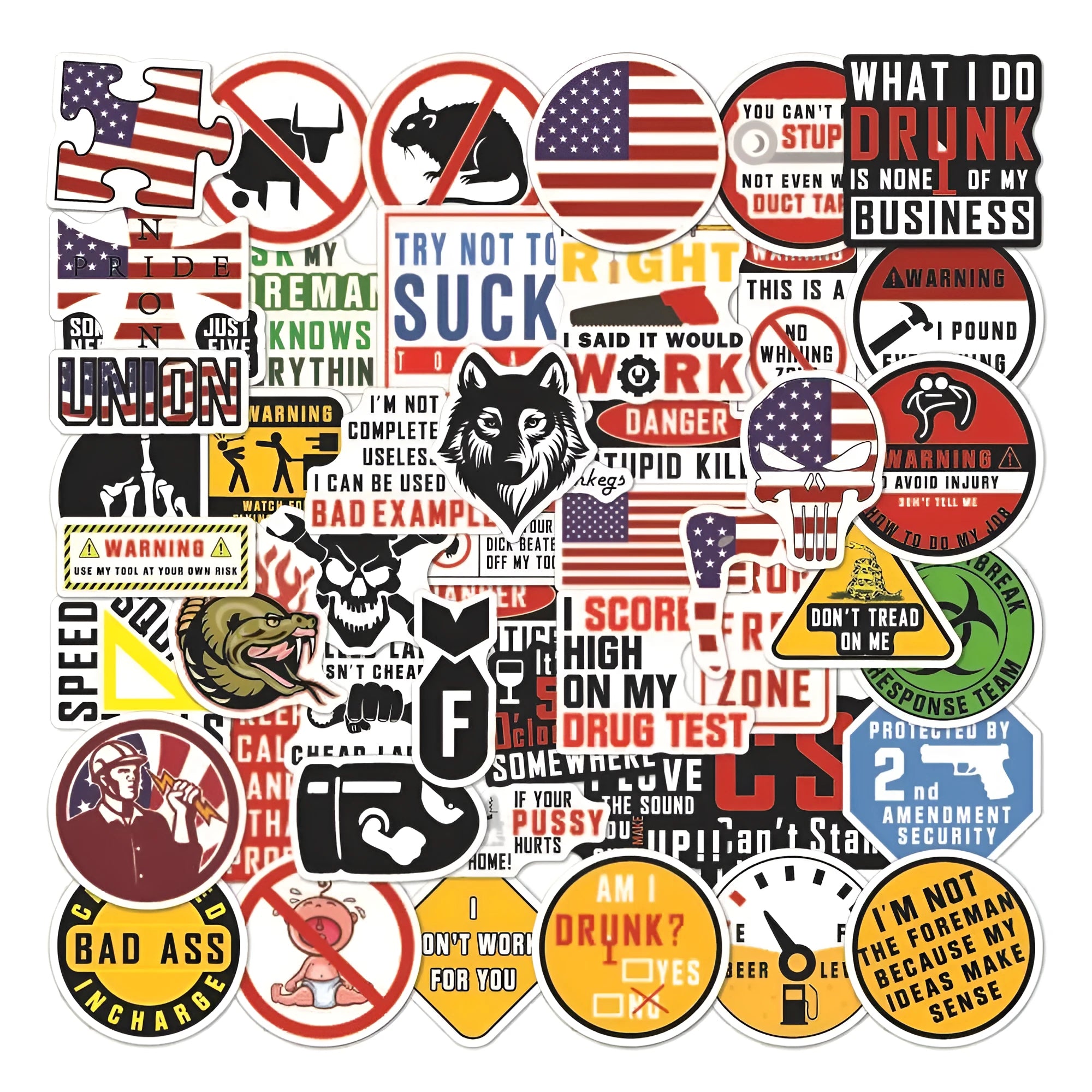 Waterproof motorcycle helmet stickers pack with warning slogans measuring 6-8cm