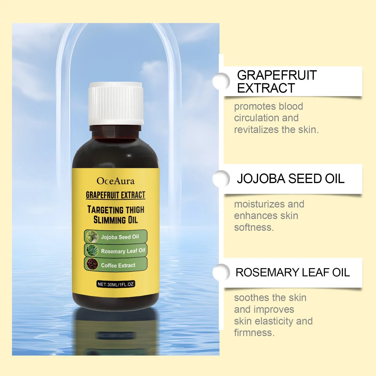 30ml bottle of treatment oil with grapefruit, jojoba and rosemary for skin nourishing and lifting