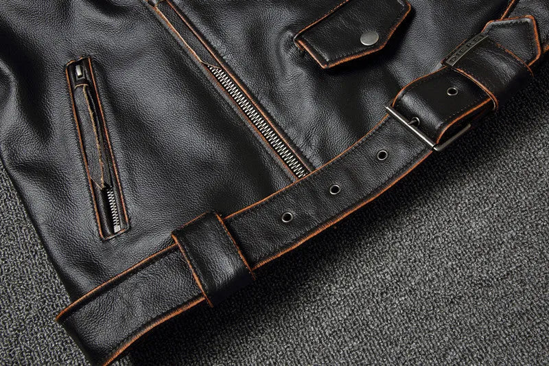 Harley's cowhide leather motorcycle jacket for men, black, short length, skinny fit, with lapel collar and zipper front