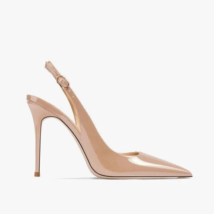 Women's nude high-heeled sandals with an ankle strap and hollow design.