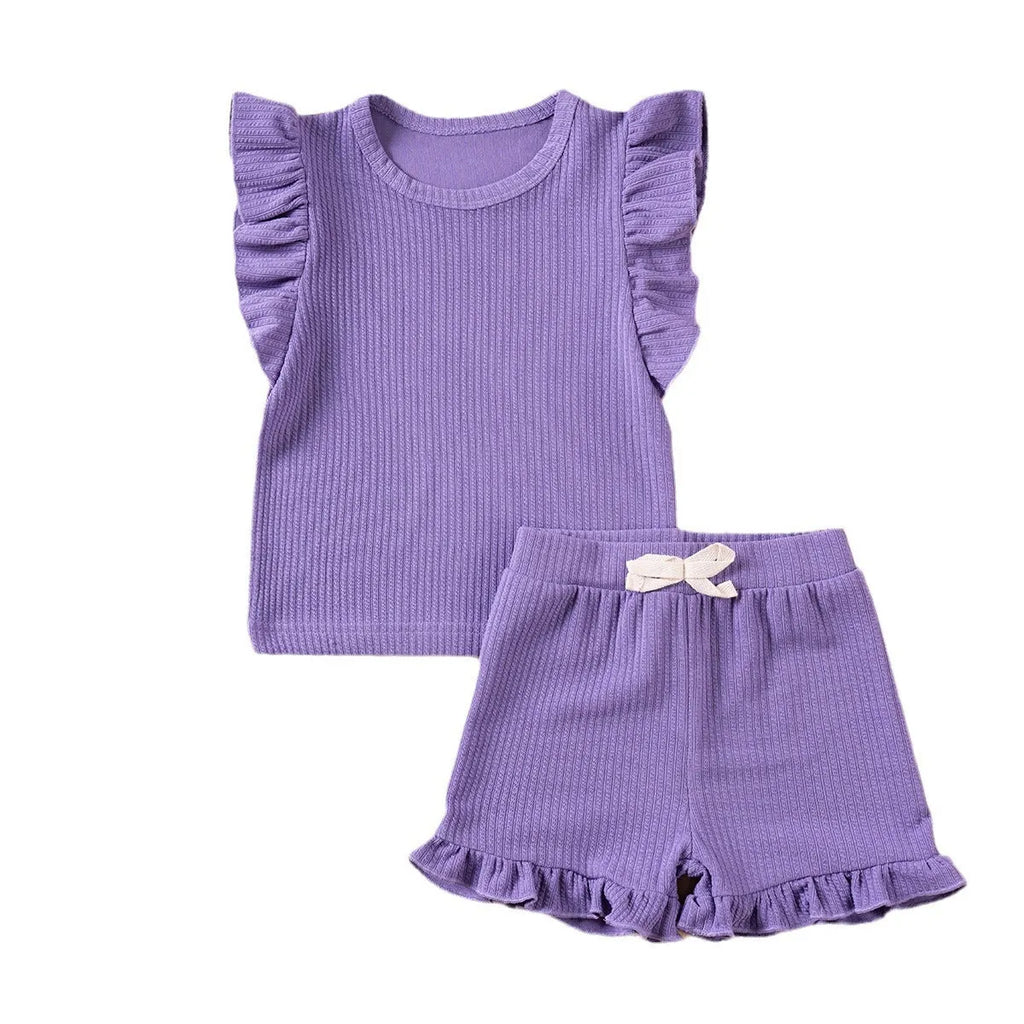 Girls' solid colour summer suit with flounced sleeves and shorts in knitted polyester for children 80-120cm