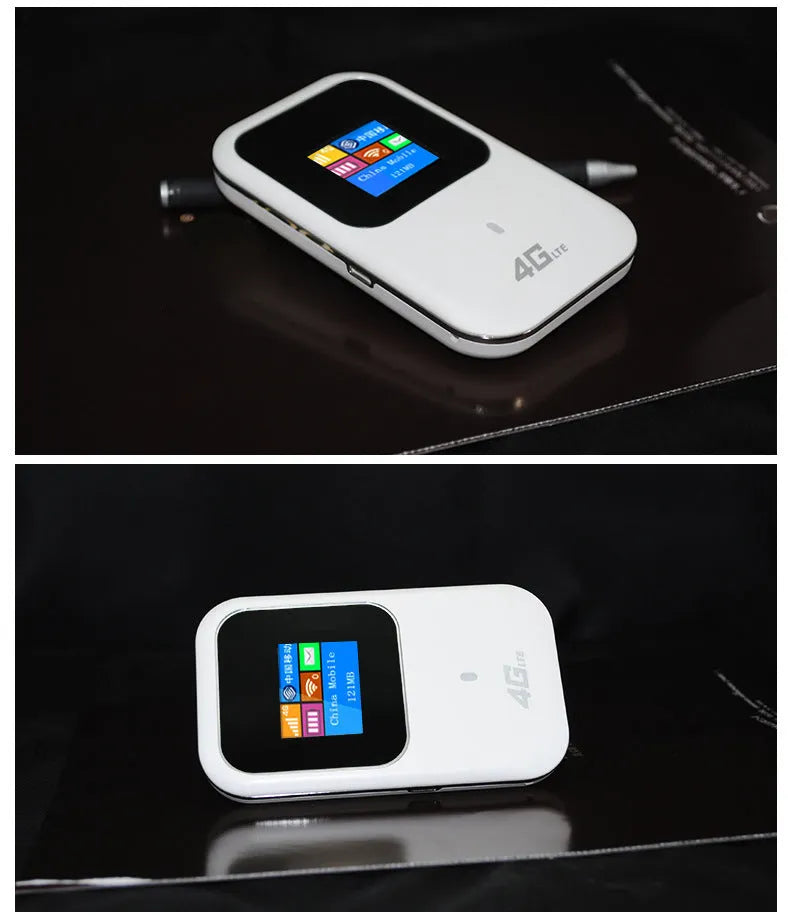 Mobile portable WiFi router with built-in antenna, 4G LTE, 2100mAh battery, black casing
