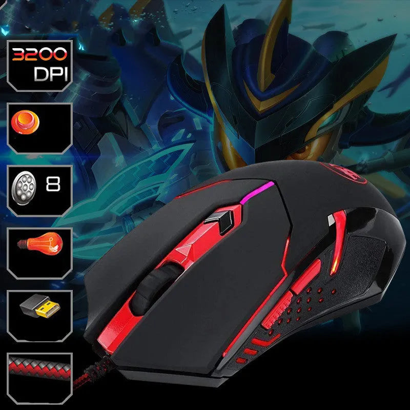 Black and red USB wired ergonomic gaming mouse with six buttons